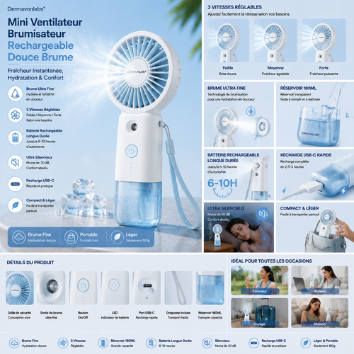 Dermavonlabs® Ventilateur Rafraîchissant 2-en-1